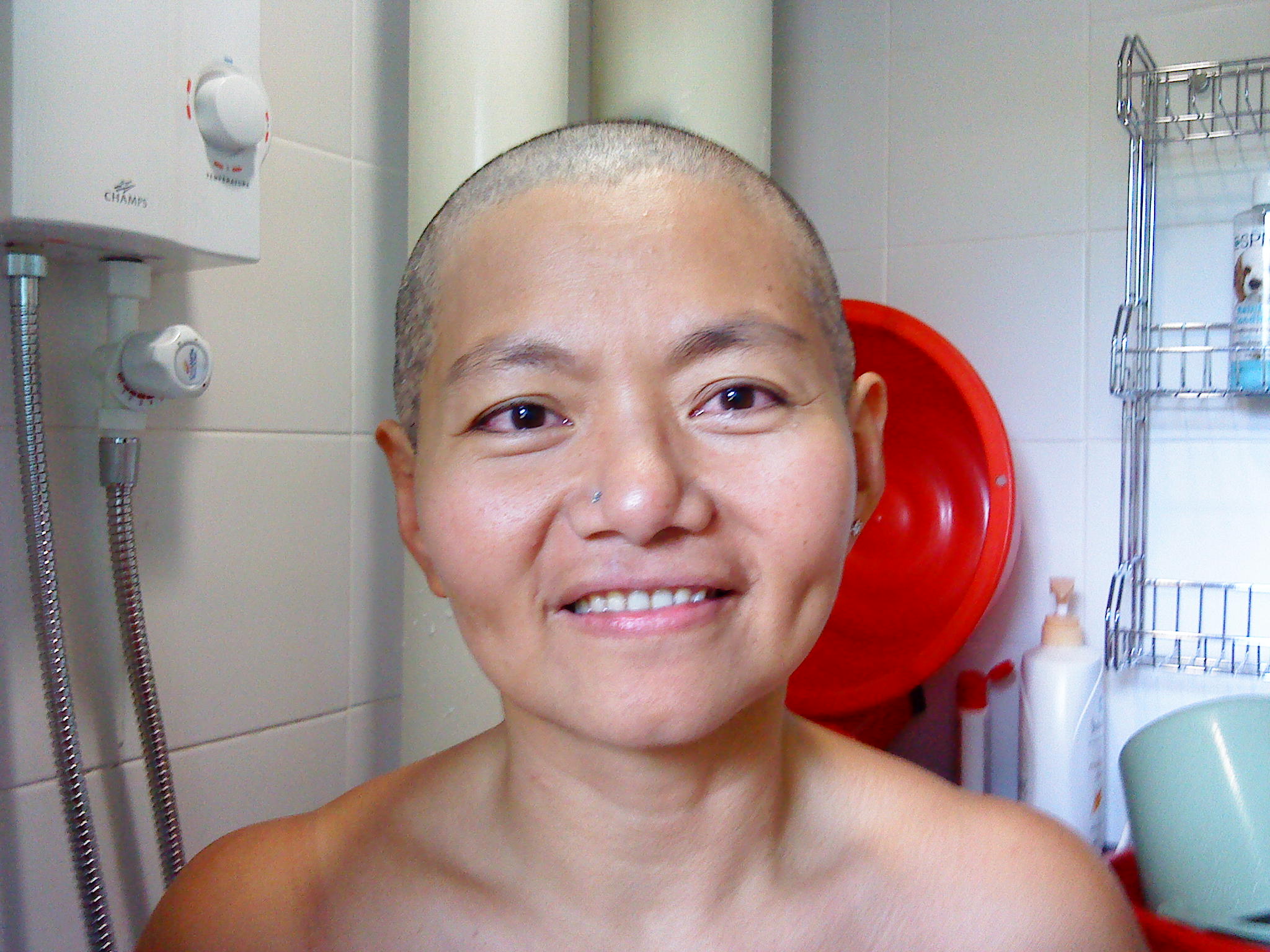 Joan with her freshly shaved head